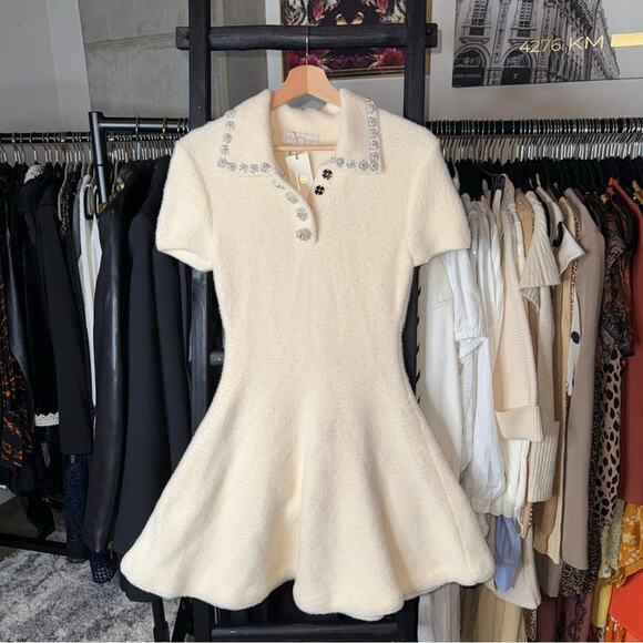 Sierra Darien Elegant Ivory Soft Knit Mini Dress with Crystal Embellished Collar - Picture 7 of 16